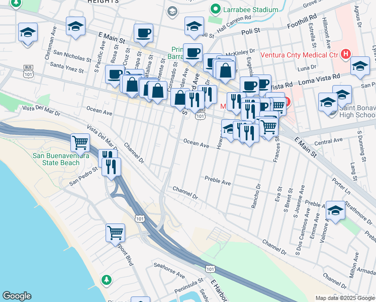 map of restaurants, bars, coffee shops, grocery stores, and more near 461 Arcade Drive in Ventura