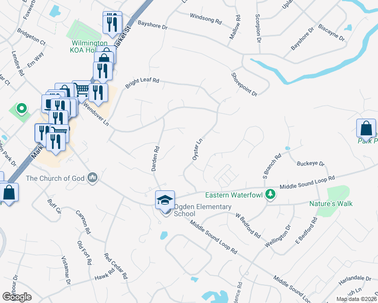 map of restaurants, bars, coffee shops, grocery stores, and more near 7205 Oyster Lane in Wilmington