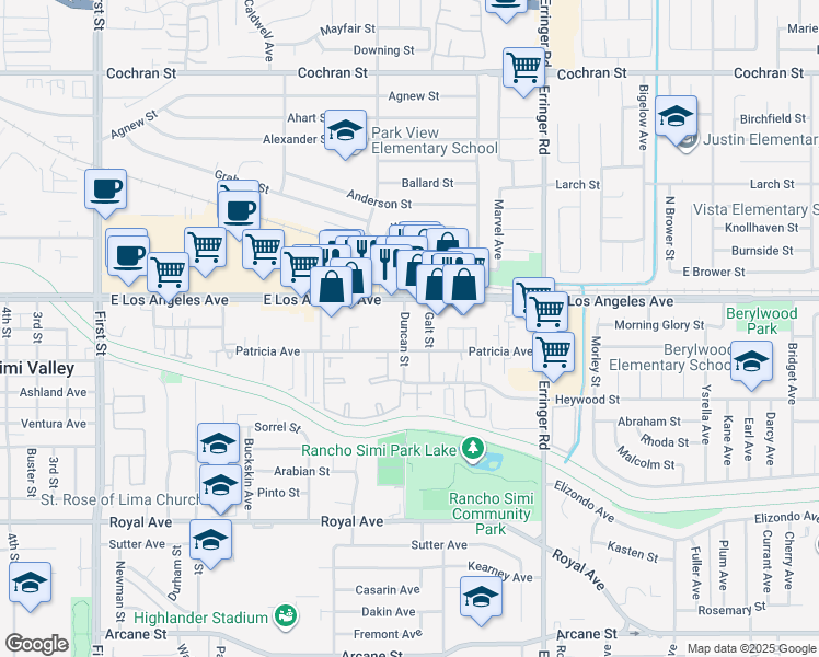 map of restaurants, bars, coffee shops, grocery stores, and more near 1876 Duncan Street in Simi Valley