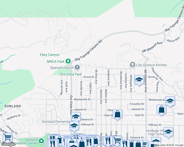 map of restaurants, bars, coffee shops, grocery stores, and more near 11106 Odell Avenue in Los Angeles