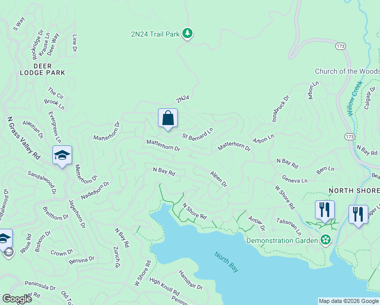 map of restaurants, bars, coffee shops, grocery stores, and more near 27763 Matterhorn Drive in Lake Arrowhead