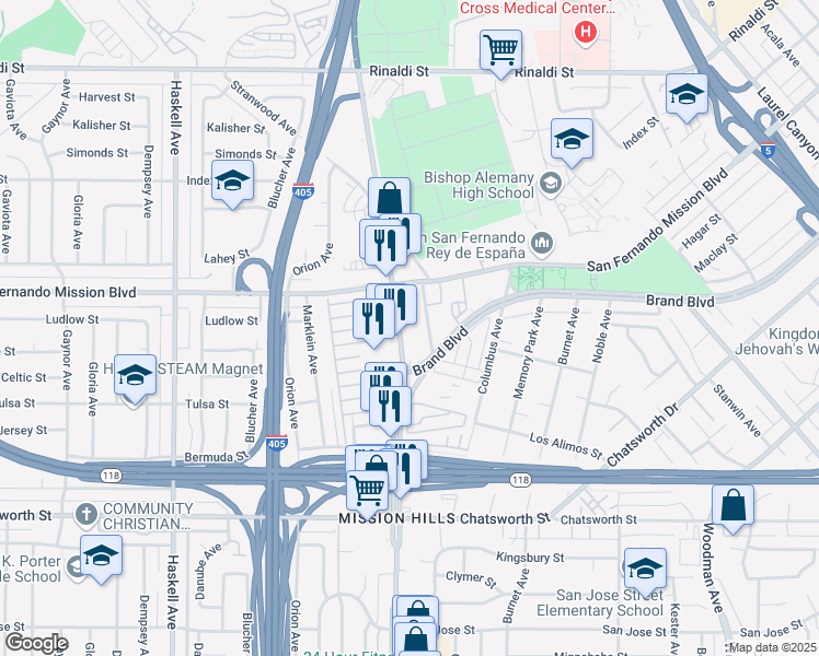 map of restaurants, bars, coffee shops, grocery stores, and more near 11010 Sepulveda Boulevard in Los Angeles