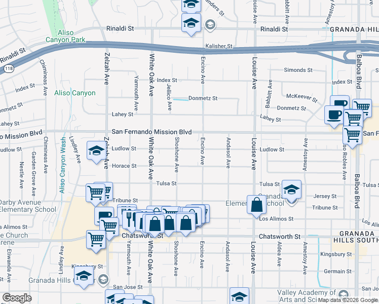 map of restaurants, bars, coffee shops, grocery stores, and more near 17532 Ludlow Street in Los Angeles