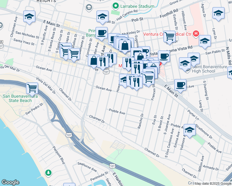 map of restaurants, bars, coffee shops, grocery stores, and more near 355 Howard Street in Ventura