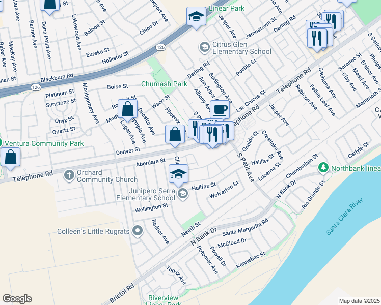 map of restaurants, bars, coffee shops, grocery stores, and more near 8983 Aberdare Street in Ventura