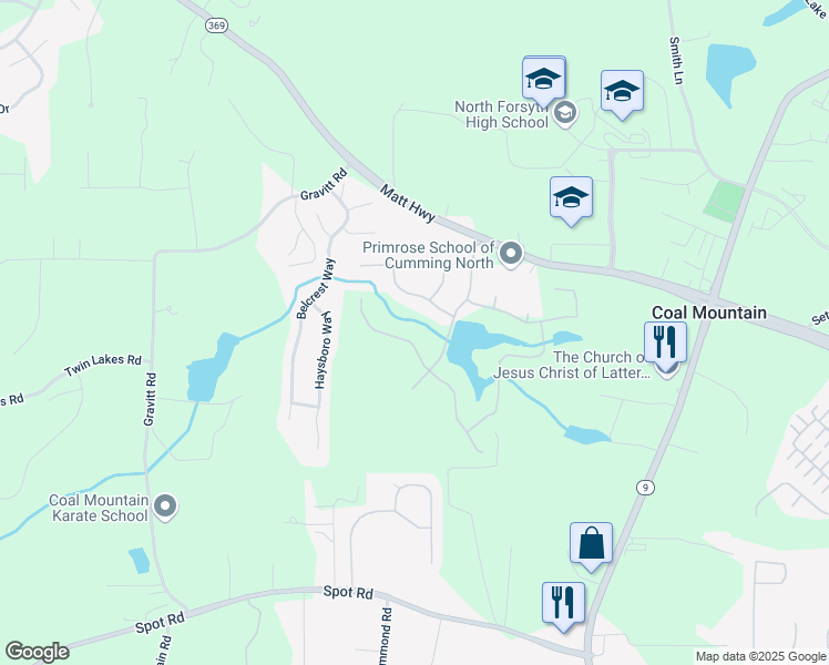 map of restaurants, bars, coffee shops, grocery stores, and more near 4040 Sierra Vista Cir in Cumming