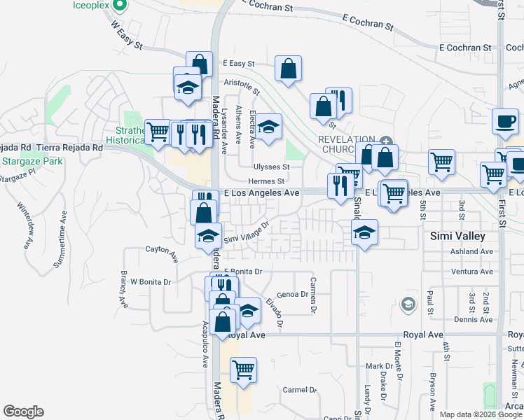map of restaurants, bars, coffee shops, grocery stores, and more near 212 Red Brick Drive in Simi Valley