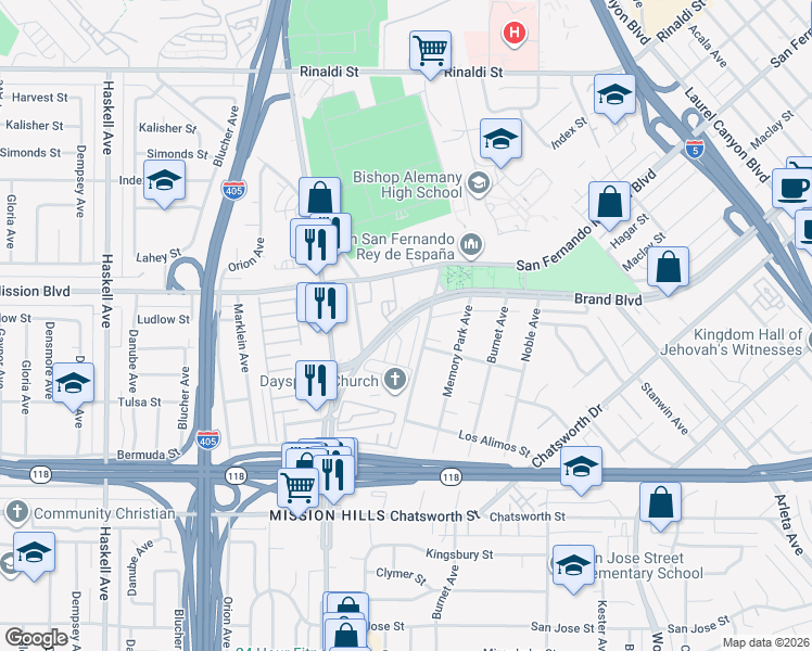 map of restaurants, bars, coffee shops, grocery stores, and more near 2 Donna Way in Los Angeles