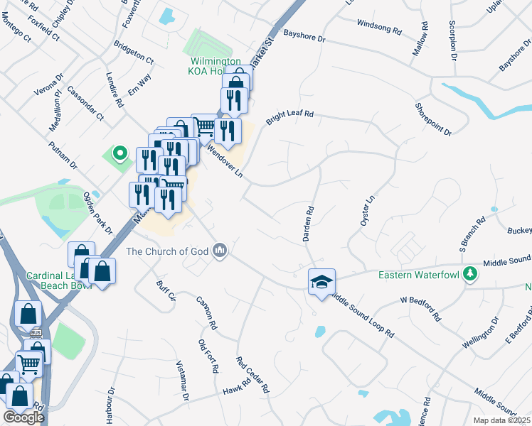 map of restaurants, bars, coffee shops, grocery stores, and more near 231 Bloomington Lane in Wilmington