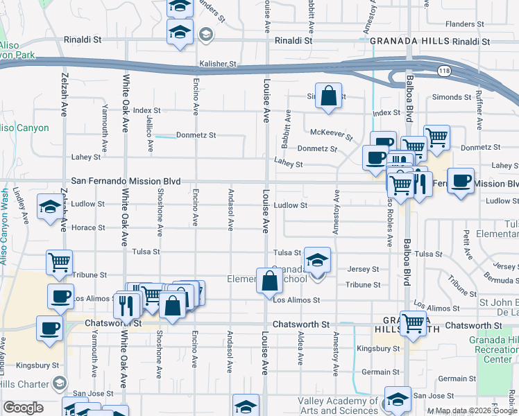 map of restaurants, bars, coffee shops, grocery stores, and more near 17326 Ludlow Street in Los Angeles