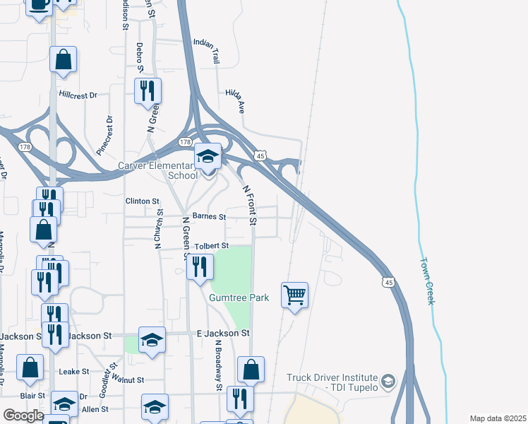 map of restaurants, bars, coffee shops, grocery stores, and more near 204 Barnes Street in Tupelo