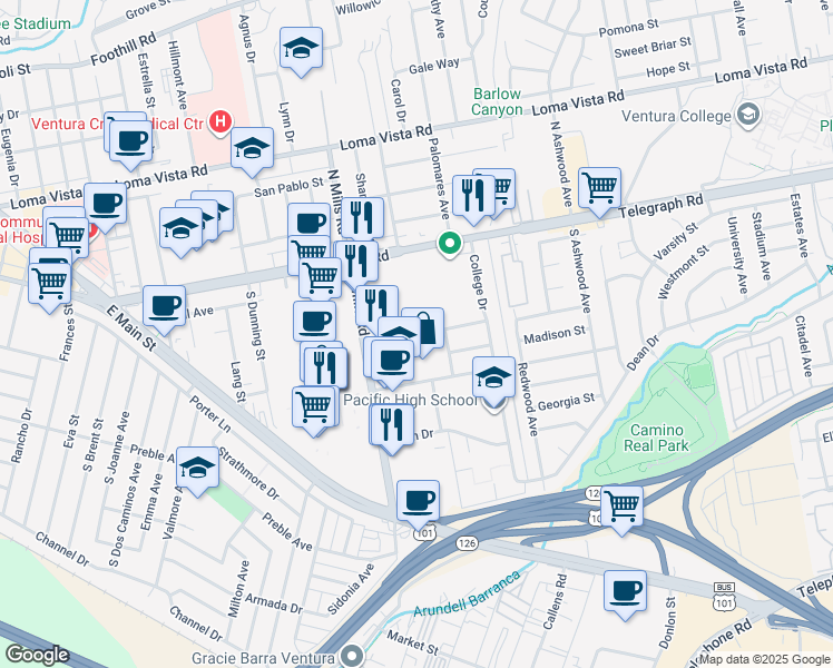 map of restaurants, bars, coffee shops, grocery stores, and more near 260 Maple Court in Ventura