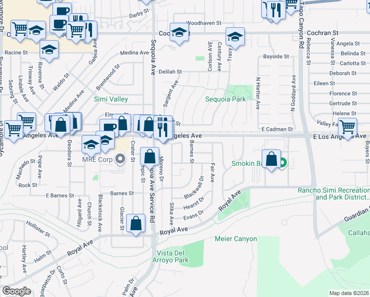 map of restaurants, bars, coffee shops, grocery stores, and more near 1846 Burch Avenue in Simi Valley