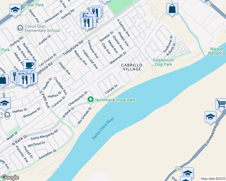 map of restaurants, bars, coffee shops, grocery stores, and more near 10134 Carlyle Street in Ventura