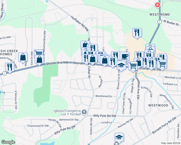 map of restaurants, bars, coffee shops, grocery stores, and more near 8 Coker Drive in Rome