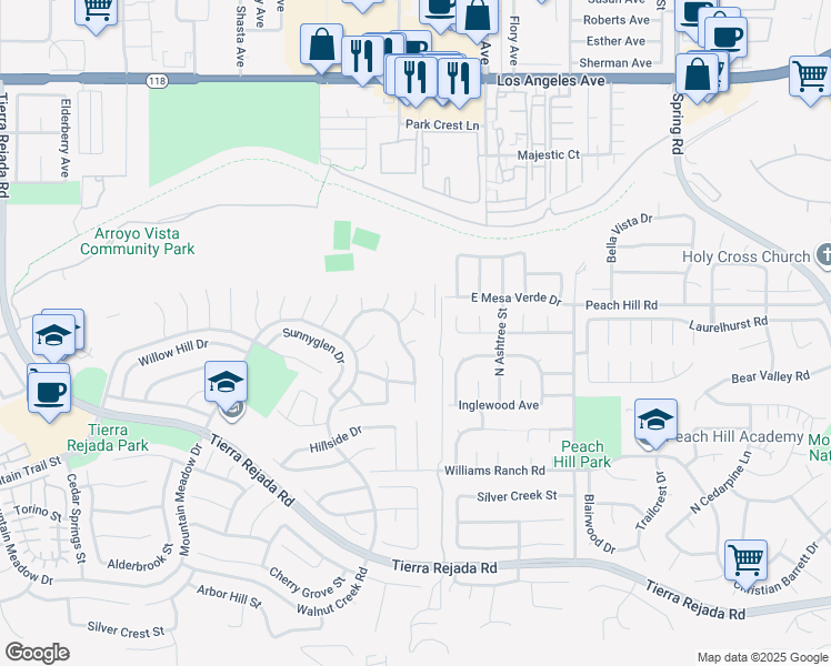 map of restaurants, bars, coffee shops, grocery stores, and more near 4374 East Autumnmeadow Circle in Moorpark