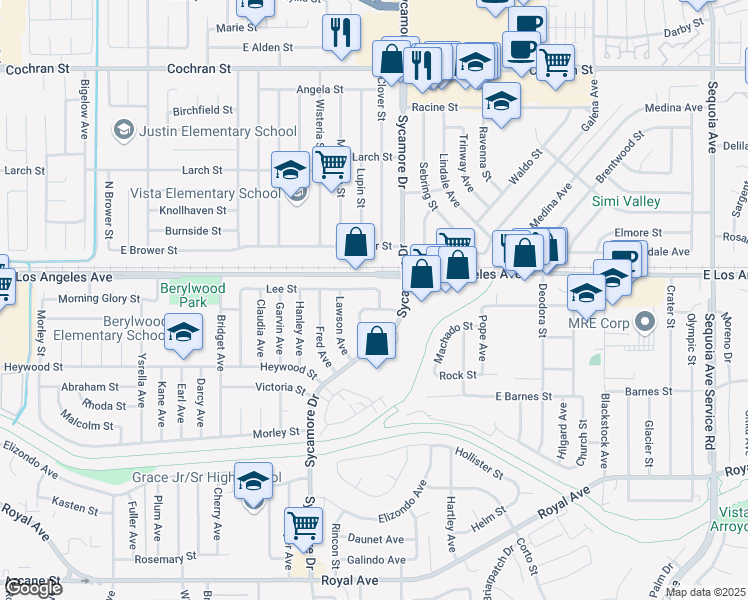 map of restaurants, bars, coffee shops, grocery stores, and more near 2678 Lee Street in Simi Valley