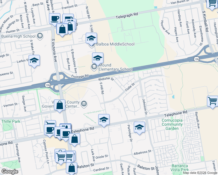 map of restaurants, bars, coffee shops, grocery stores, and more near 760 South Hill Road in Ventura