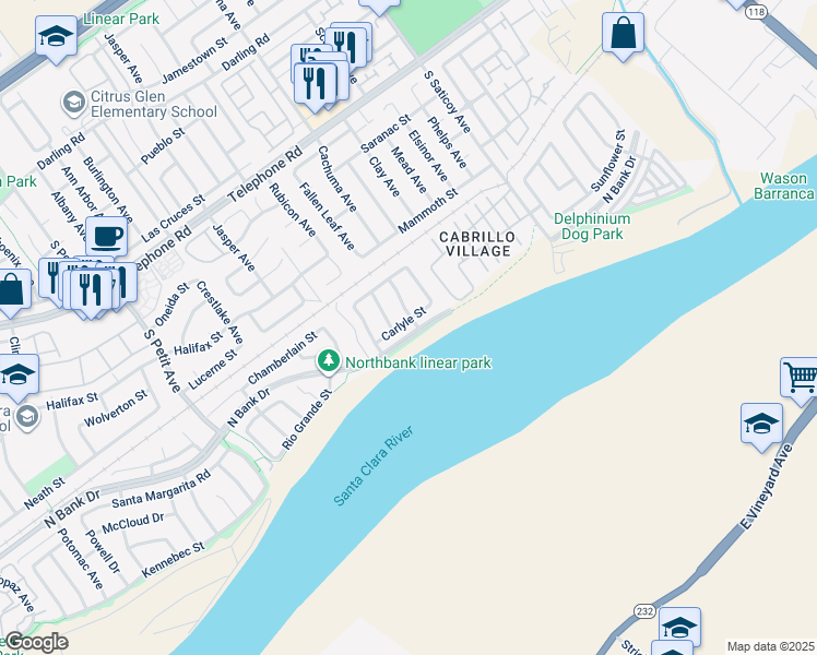 map of restaurants, bars, coffee shops, grocery stores, and more near 10134 Carlyle Street in Ventura