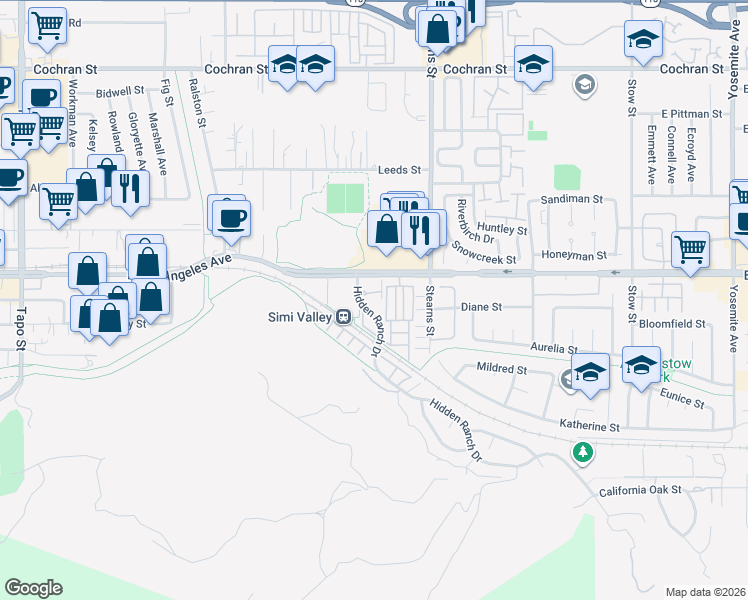 map of restaurants, bars, coffee shops, grocery stores, and more near 5065 Hidden Park Court in Simi Valley