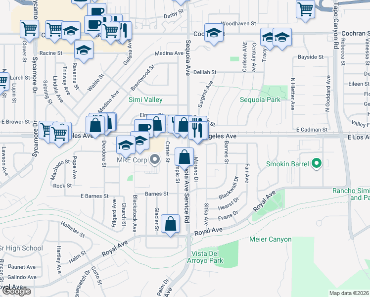 map of restaurants, bars, coffee shops, grocery stores, and more near 1895 Sequoia Avenue in Simi Valley