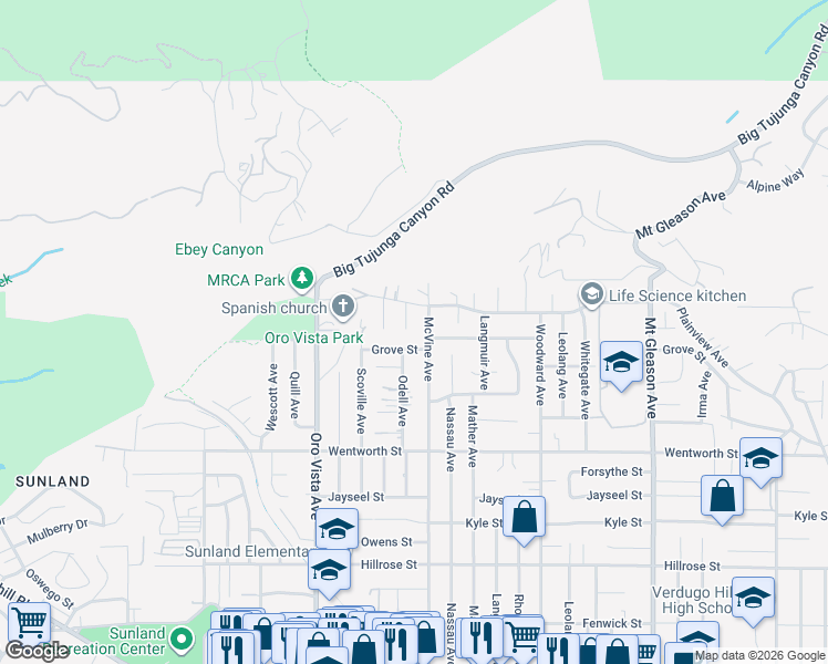 map of restaurants, bars, coffee shops, grocery stores, and more near 8231 Grove Street in Los Angeles