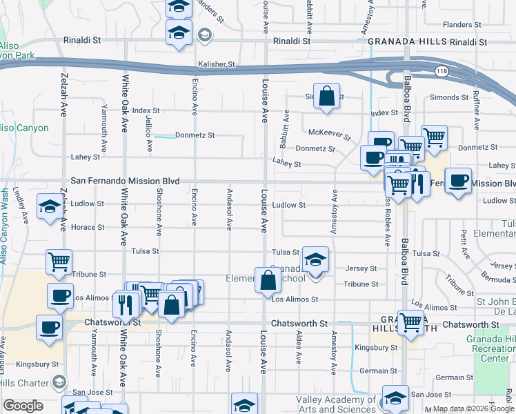 map of restaurants, bars, coffee shops, grocery stores, and more near 17326 Ludlow Street in Los Angeles