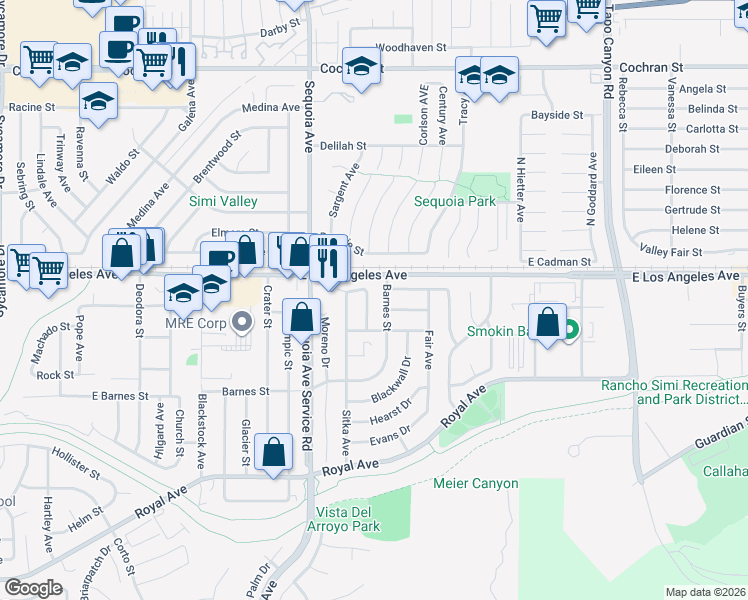 map of restaurants, bars, coffee shops, grocery stores, and more near 1846 Burch Avenue in Simi Valley