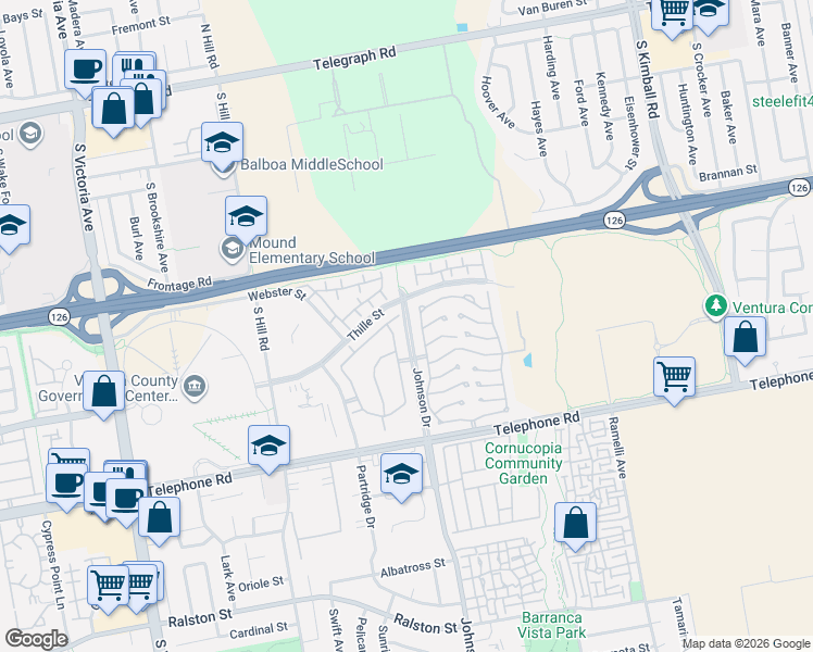 map of restaurants, bars, coffee shops, grocery stores, and more near 851 Johnson Drive in Ventura