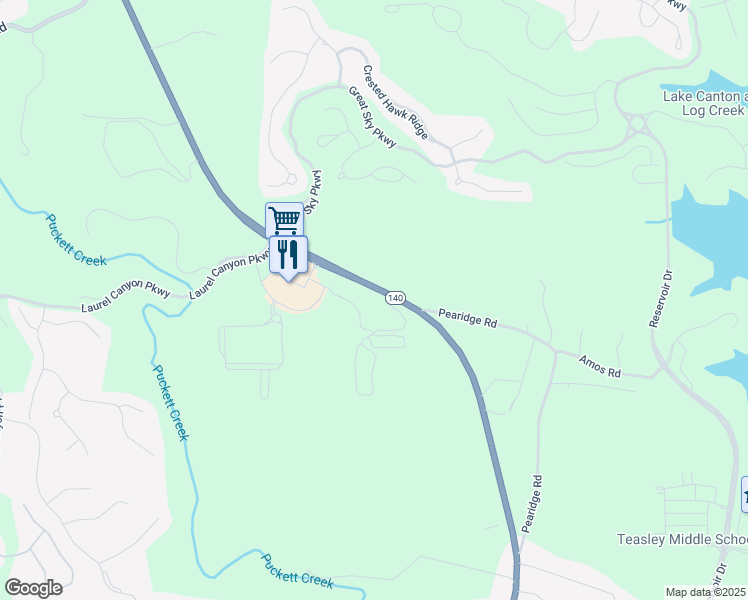 map of restaurants, bars, coffee shops, grocery stores, and more near 2185 Reinhardt College Parkway in Canton