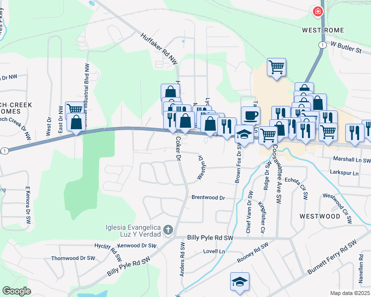 map of restaurants, bars, coffee shops, grocery stores, and more near 6 Westlyn Drive in Rome