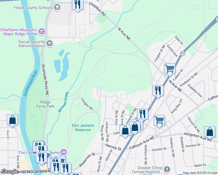 map of restaurants, bars, coffee shops, grocery stores, and more near 56 Anders Road Southwest in Rome