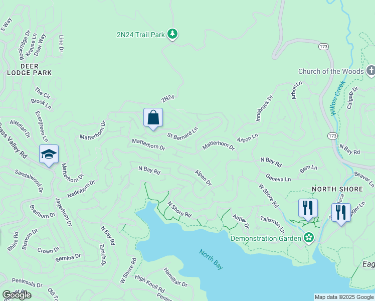 map of restaurants, bars, coffee shops, grocery stores, and more near 27786 Matterhorn Drive in Lake Arrowhead