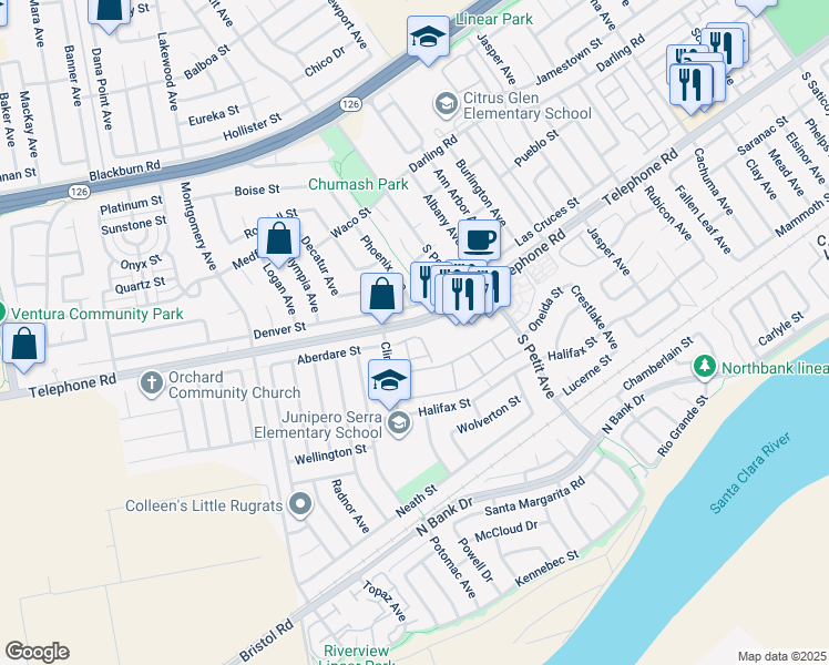 map of restaurants, bars, coffee shops, grocery stores, and more near 8983 Aberdare Street in Ventura