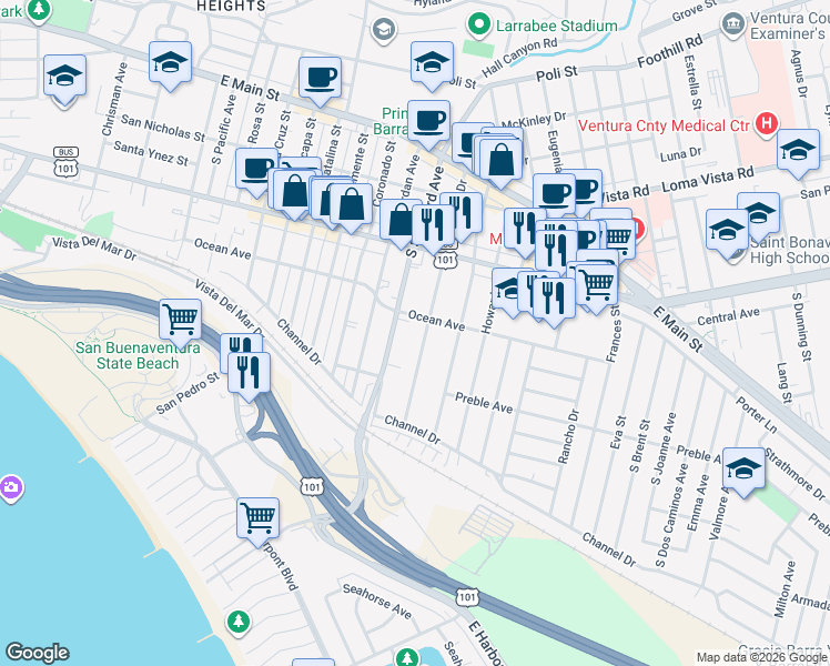 map of restaurants, bars, coffee shops, grocery stores, and more near 461 Arcade Drive in Ventura