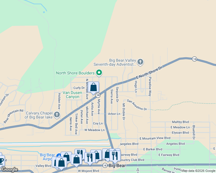 map of restaurants, bars, coffee shops, grocery stores, and more near 109 West North Shore Drive in Big Bear