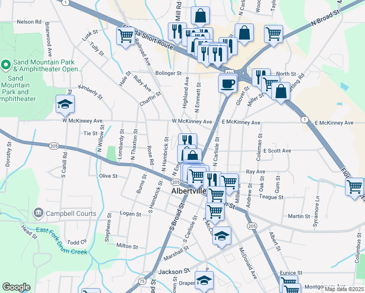 map of restaurants, bars, coffee shops, grocery stores, and more near 218 North Emmett Street in Albertville
