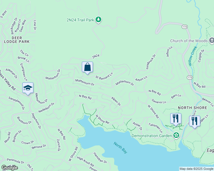 map of restaurants, bars, coffee shops, grocery stores, and more near 27786 Matterhorn Drive in Lake Arrowhead