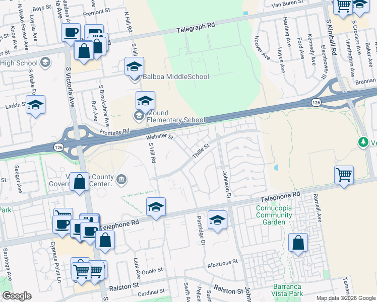 map of restaurants, bars, coffee shops, grocery stores, and more near 717 Thoreau Lane in Ventura