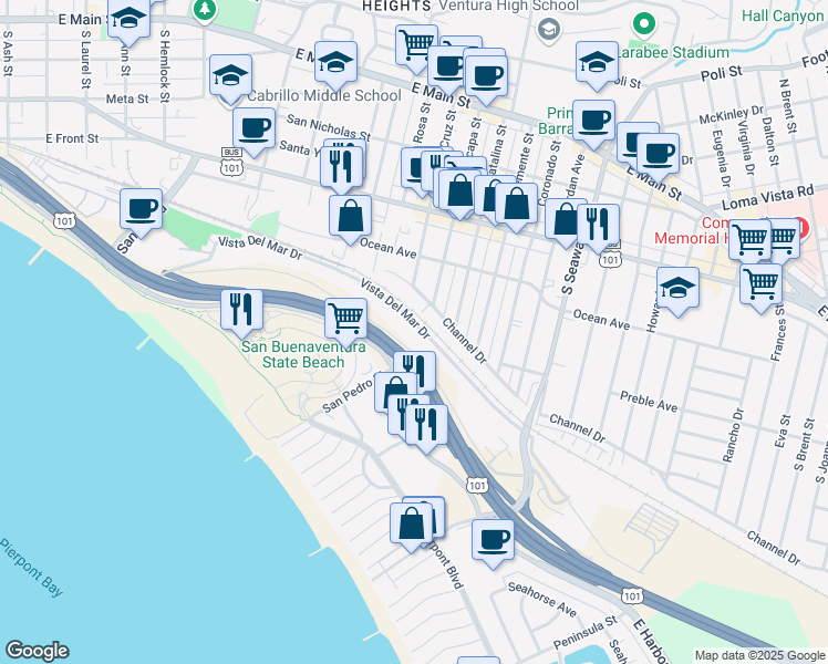 map of restaurants, bars, coffee shops, grocery stores, and more near 1990 Vista Del Mar Drive in Ventura