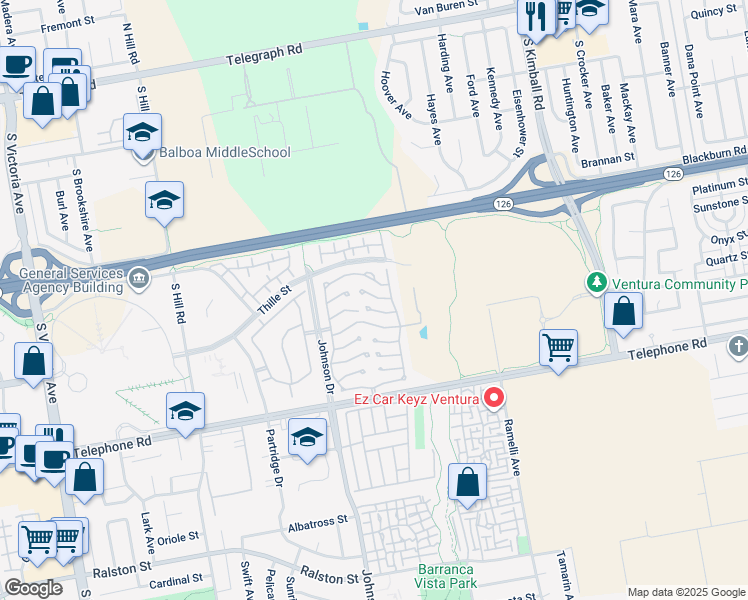 map of restaurants, bars, coffee shops, grocery stores, and more near 114 Stevens Circle in Ventura