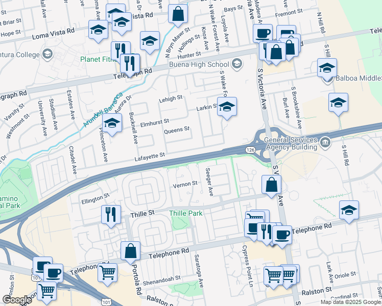 map of restaurants, bars, coffee shops, grocery stores, and more near 5476 Lafayette Street in Ventura