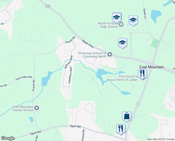 map of restaurants, bars, coffee shops, grocery stores, and more near 4050 Sierra Vista Cir in Cumming