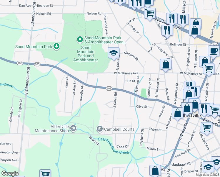 map of restaurants, bars, coffee shops, grocery stores, and more near West Main Street in Albertville