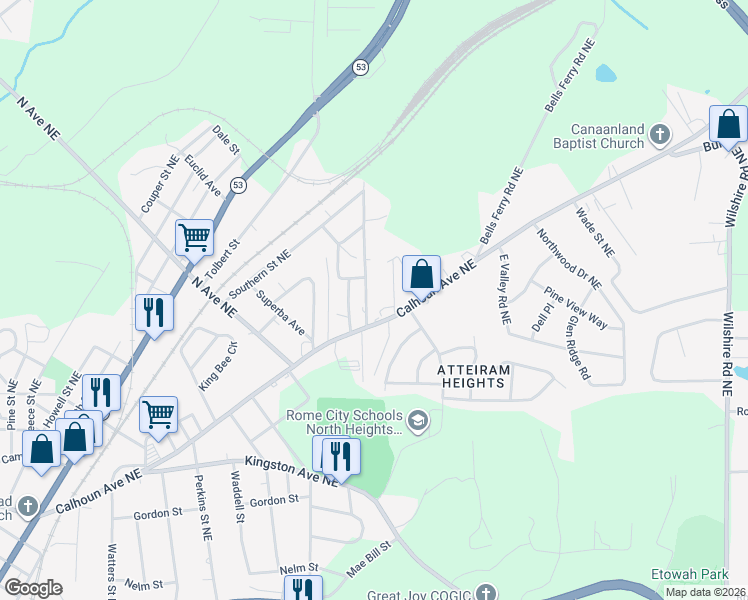 map of restaurants, bars, coffee shops, grocery stores, and more near 1012 Sheibley Street in Rome