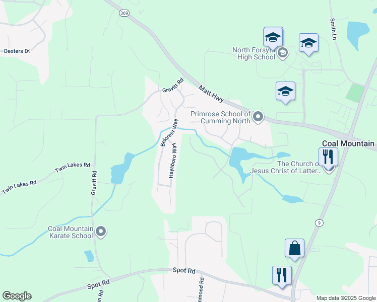 map of restaurants, bars, coffee shops, grocery stores, and more near 4095 Sierra Vista Cir in Cumming