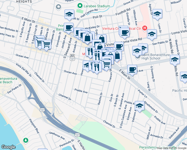 map of restaurants, bars, coffee shops, grocery stores, and more near 321s Borchard Drive in Ventura