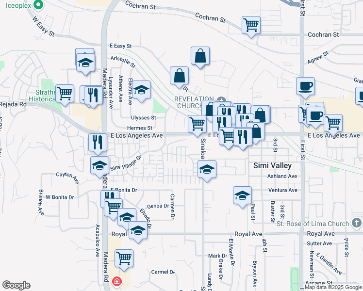 map of restaurants, bars, coffee shops, grocery stores, and more near 405 Owls Cove Lane in Simi Valley