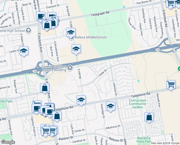 map of restaurants, bars, coffee shops, grocery stores, and more near 222 Webster Street in Ventura
