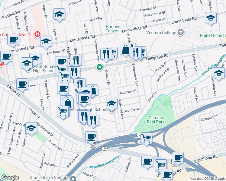 map of restaurants, bars, coffee shops, grocery stores, and more near 259 College Drive in Ventura